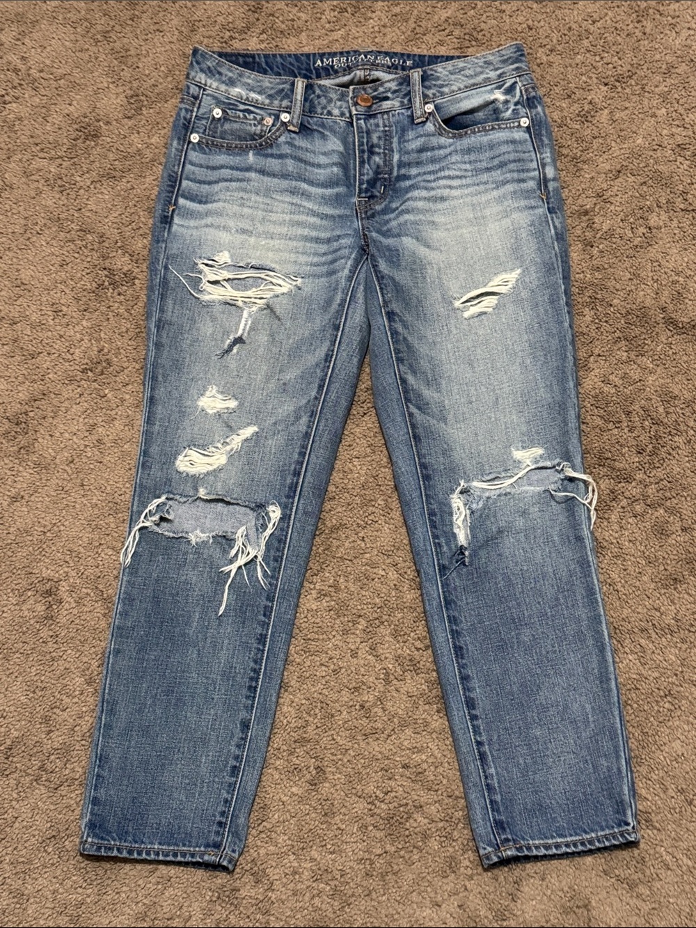 American Eagle Sz 2 Boy Crop Jeans-100% Cotton-Heavily Distressed-Button Fly